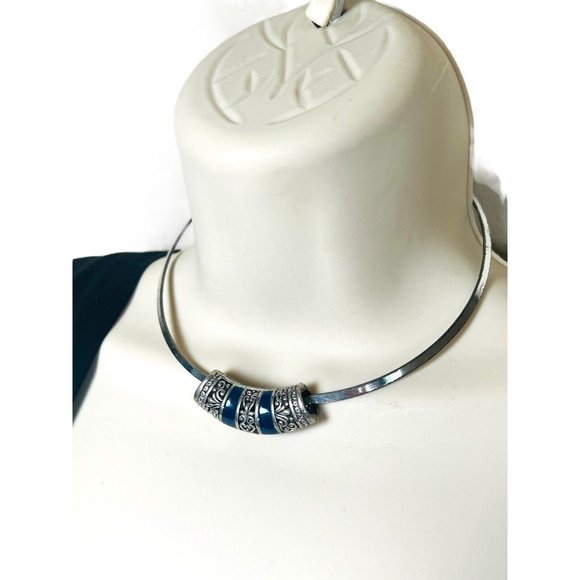 Tibetan Silver Filligree Sliding Pendant Charm Blue EnameL Necklace Choker VNTG - Picture 2 of 8